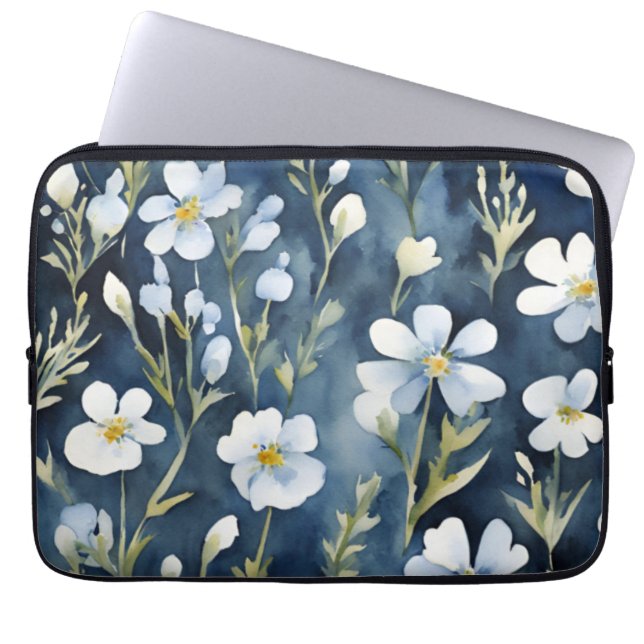 Blue White Flowers Watercolor Chic Laptop Sleeve (Front)