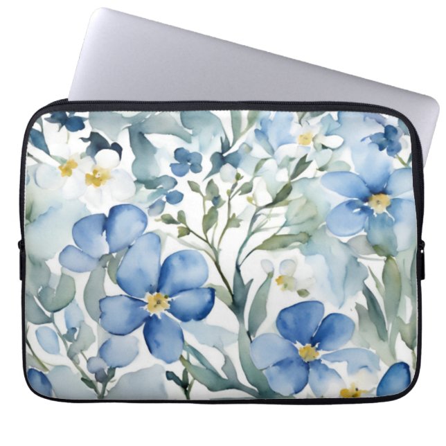 Blue White Flowers Watercolor Chic Laptop Sleeve (Front)