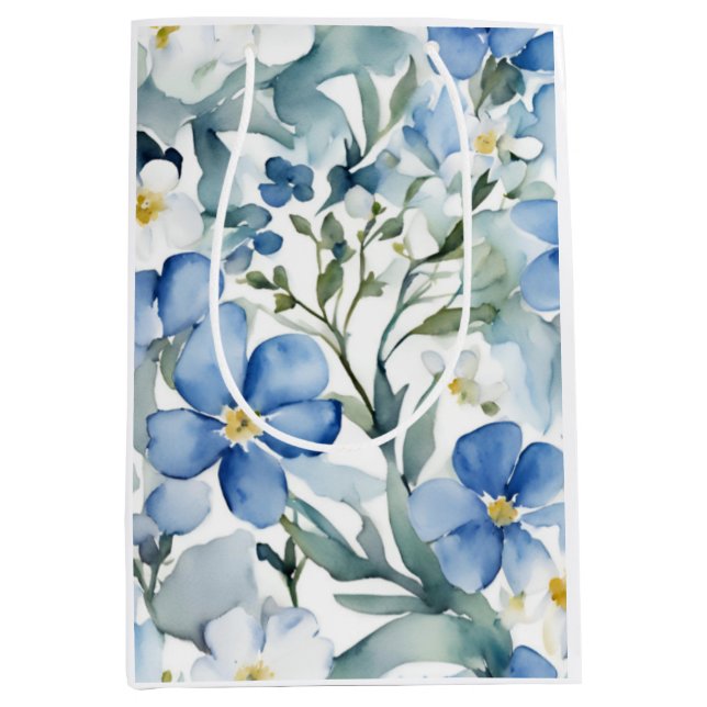Blue White Flowers Watercolor Chic Medium Gift Bag (Front)