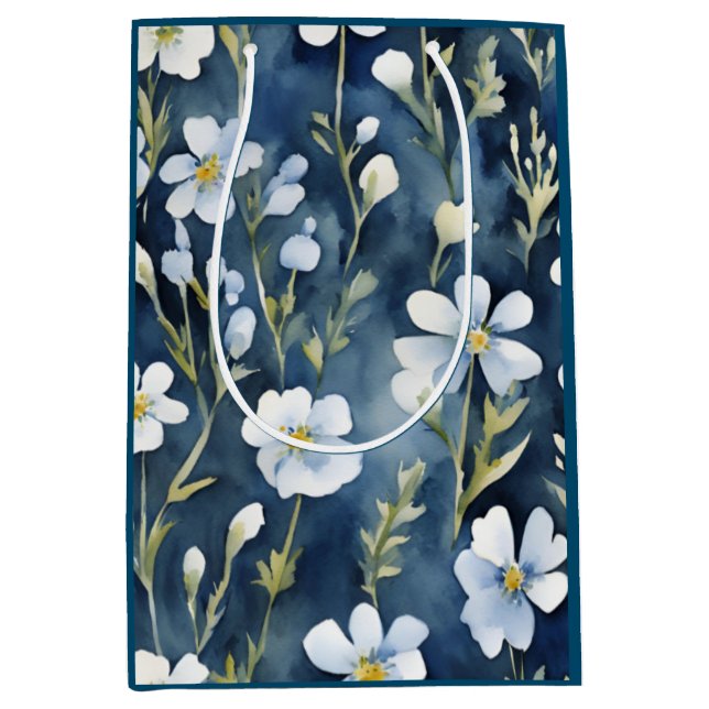 Blue White Flowers Watercolor Chic Medium Gift Bag (Front)