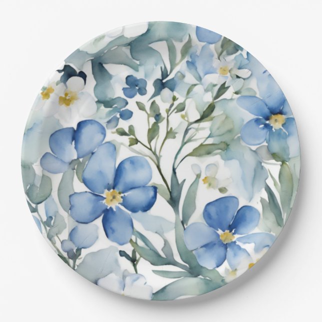Blue White Flowers Watercolor Chic Paper Plate (Front)