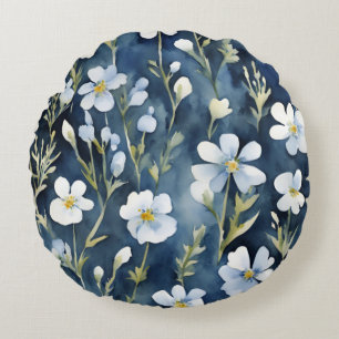 Blue White Flowers Watercolor Chic Round Pillow