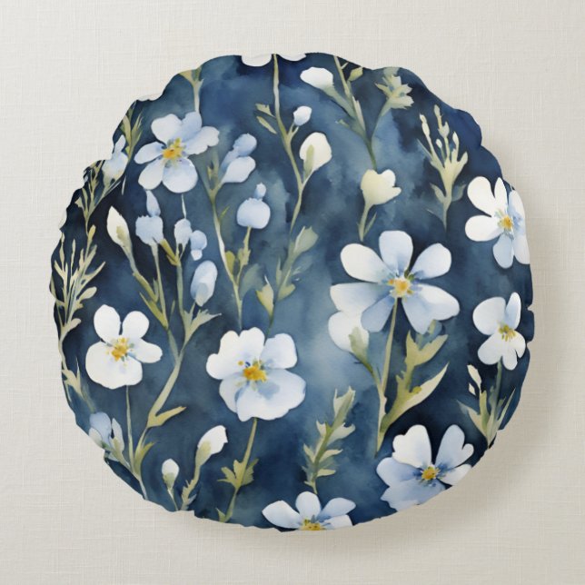 Blue White Flowers Watercolor Chic Round Pillow (Front)