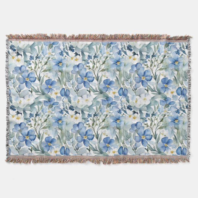 Blue White Flowers Watercolor Chic Throw Blanket (Front)