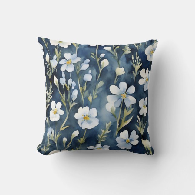 Blue White Flowers Watercolor Chic Throw Pillow (Front)