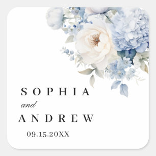 Blue & White Flowers Wedding Square Sticker