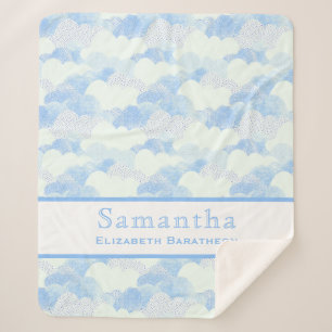 Blue & White Fluffy Clouds Personalized Name Sherpa Blanket