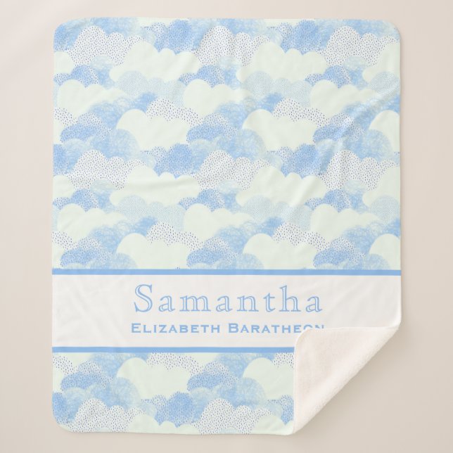 Blue & White Fluffy Clouds Personalized Name Sherpa Blanket (Front)
