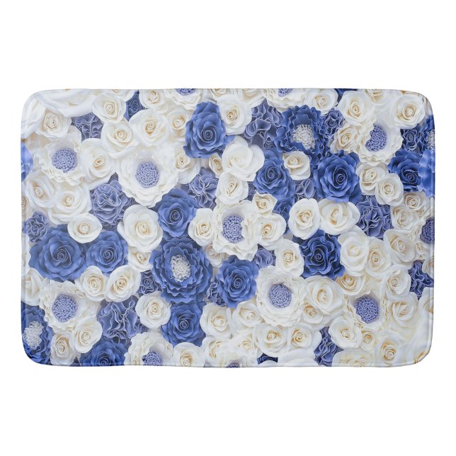 Blue White Fowers Elegant Girly Bath Mat (Front)