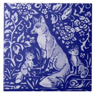 Blue White Fox Family Animal Farmhouse Rustic Art  Tile