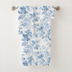 Blue & White French Country Toile Floral  Bath Towel Set