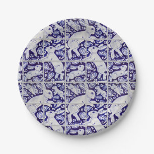 Blue White Fun Bunny Rabbit Tile Paisley Garden Paper Plate
