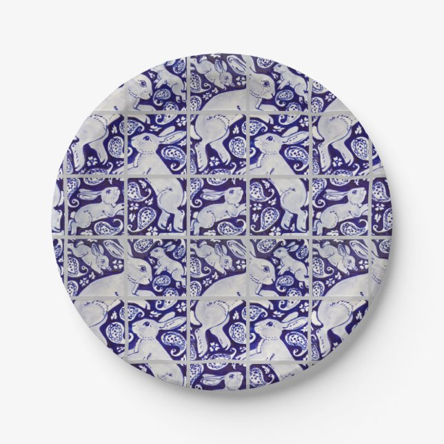 Blue White Fun Bunny Rabbit Tile Paisley Garden Paper Plate (Front)