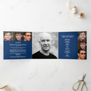 Blue white Funeral service mono custom photos Tri-Fold Programme