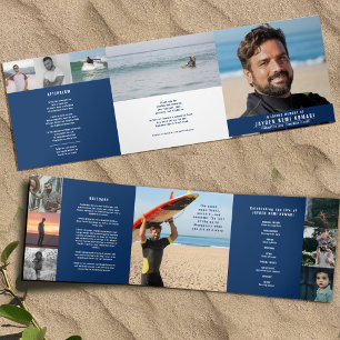 Blue white Funeral service mono custom photos Tri-Fold Programme