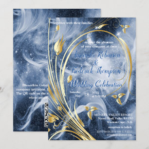 Blue-white Galaxy with a Gold abstract flower Invitation