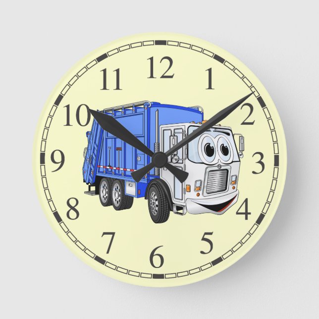 Blue White Garbage Truck Cartoon Round Clock (Front)