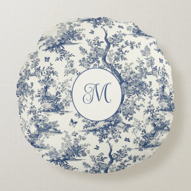 Blue White Garden Butterfly French Toile Round Pillow (Front)