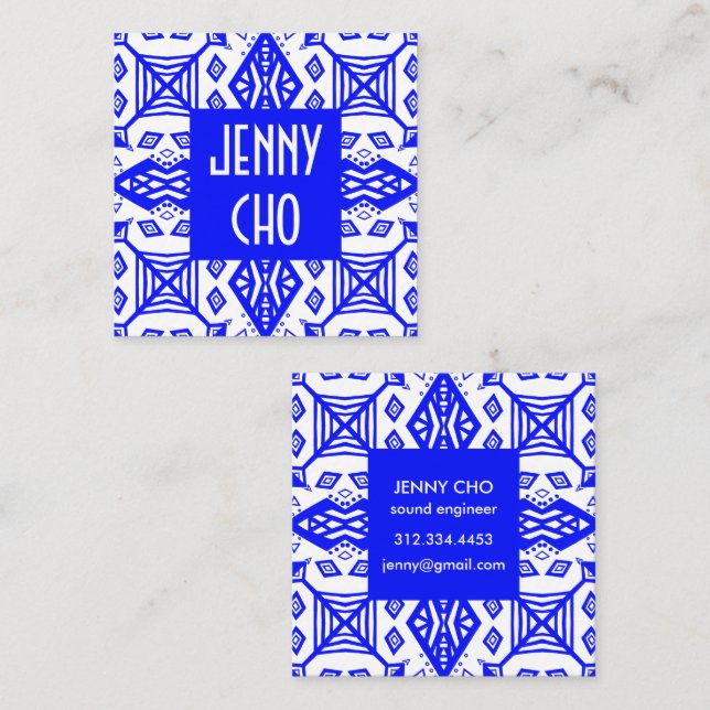 Blue & White Geometric Modern Pattern Square Business Card (Front/Back)
