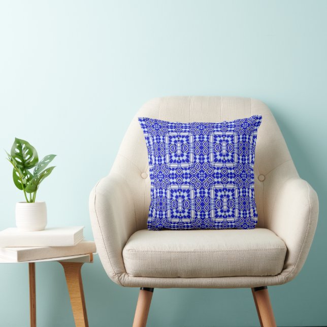 Blue white geometric mosaic throw pillow (Chair)