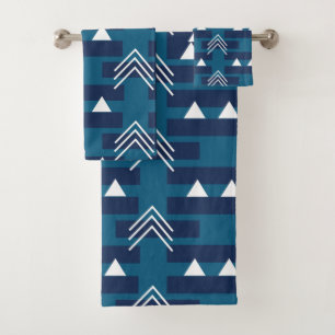 Blue White Geometric Pattern Modern  Bath Towel Set