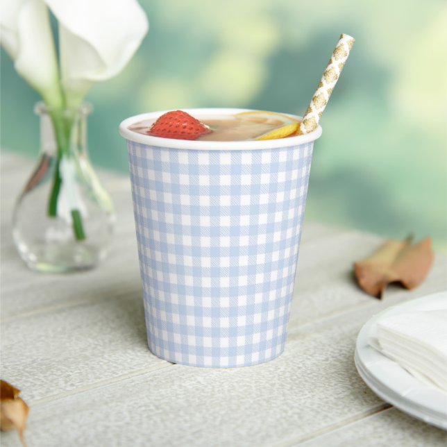 Blue & White Gingham Baby Shower Paper Cups (Insitu)