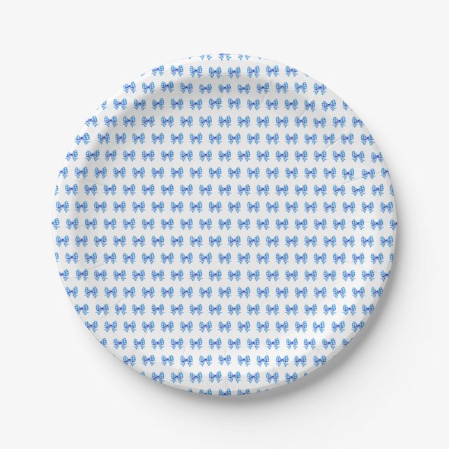 Blue-white gingham bow pattern paper plate (Front)