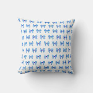 Blue-white gingham bow pattern throw pillow