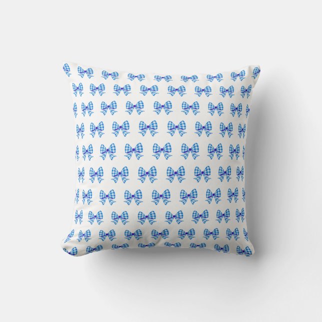 Blue-white gingham bow pattern throw pillow (Front)