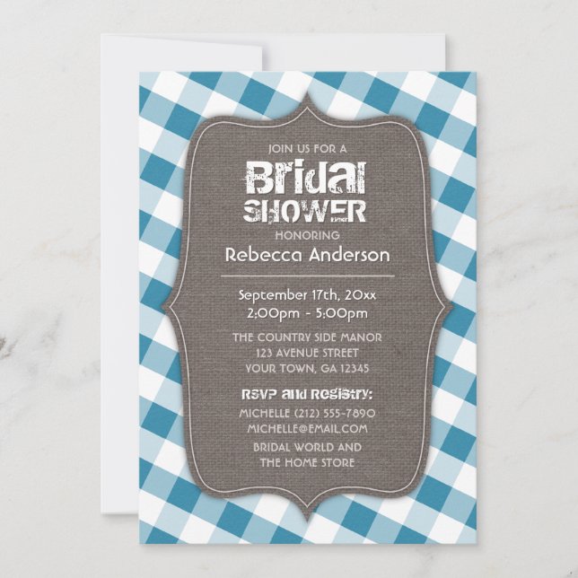 Blue & White Gingham Canvas Bridal Shower Invitation (Front)