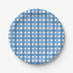 Blue & White Gingham Check Baby Shower Paper Plate