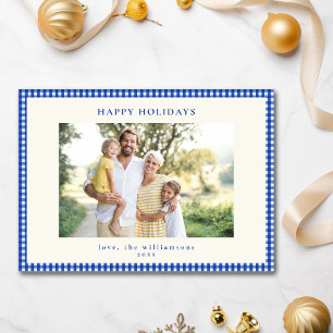 Blue White Gingham Check Border Family Photo Holiday Card