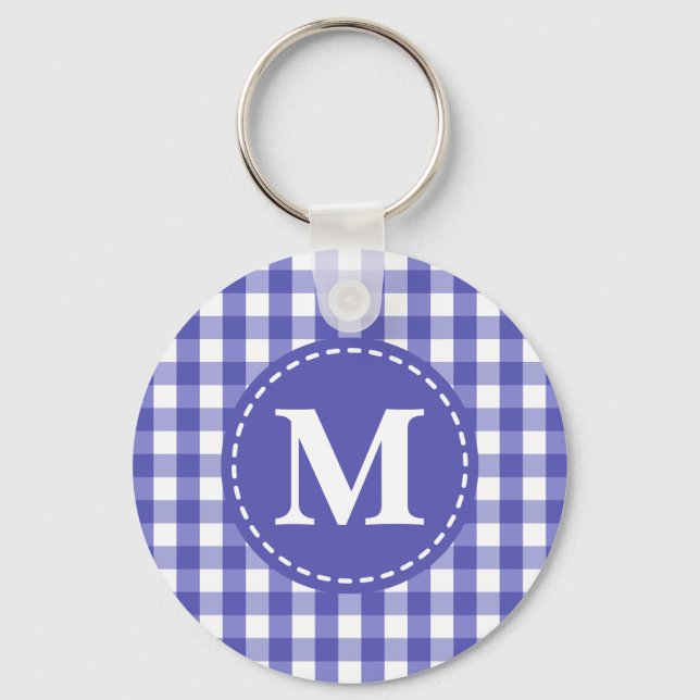 Blue White Gingham Check Pattern Monogram Keychain (Front)