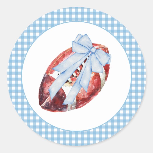Blue & White Gingham Football Bow Sticker (Front)