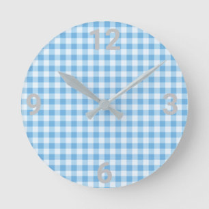 Blue White Gingham Modern Wall Clock
