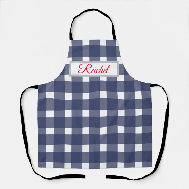 Blue White Gingham Personalized Apron (Front)