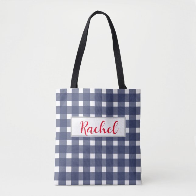 Blue White Gingham Personalized  Tote Bag (Front)