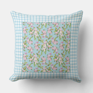 Blue White Gingham, Pink Apple Blossom on Blue Throw Pillow