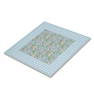 Blue White Gingham, Pink Apple Blossom on Blue Tile