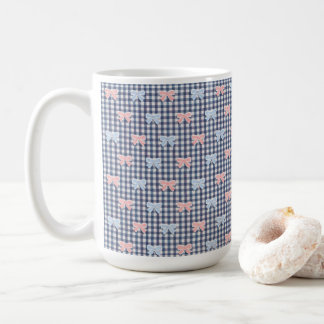 Blue White Gingham Pink Blue Coquette Bows Trendy  Coffee Mug