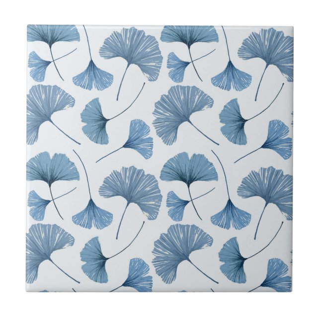 Blue & White Gingko leaf pattern  Tile (Front)