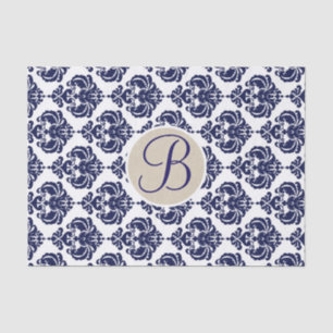 Blue & White Glam Damask Monogram Letter Initial Tissue Paper
