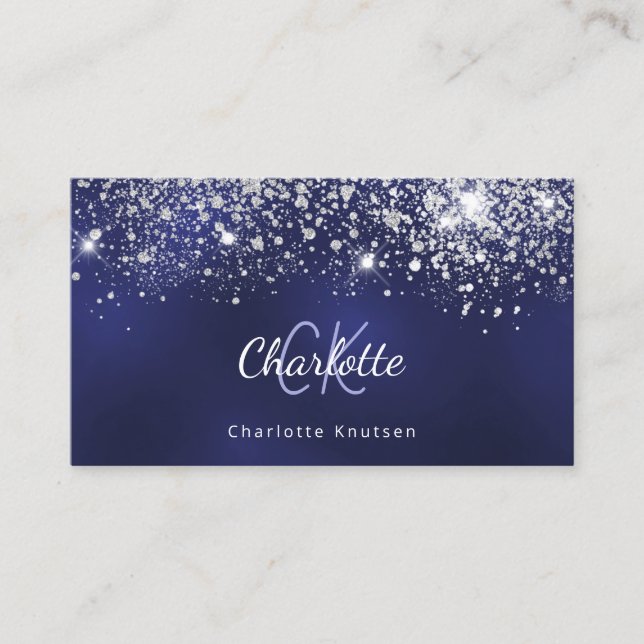 Blue white glitter monogram initials business card (Front)