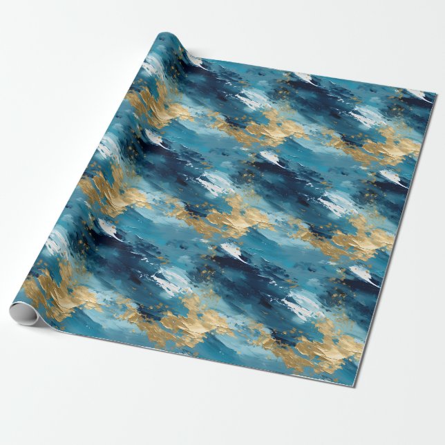 Blue, White & Gold Abstract Paint Wrapping Paper (Unrolled)