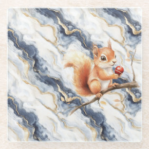 Blue White Gold Abstract Squirrel Apple Glass Coaster