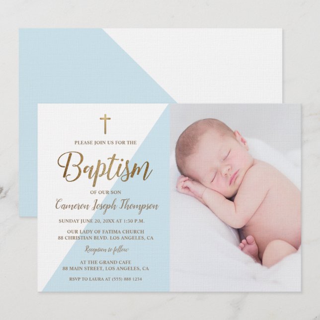 Blue White Gold Baptism baby Boy photo Invitation (Front/Back)