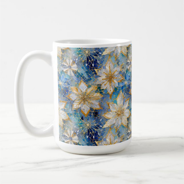 Blue White Gold Christmas Poinsettias Coffee Mug (Left)