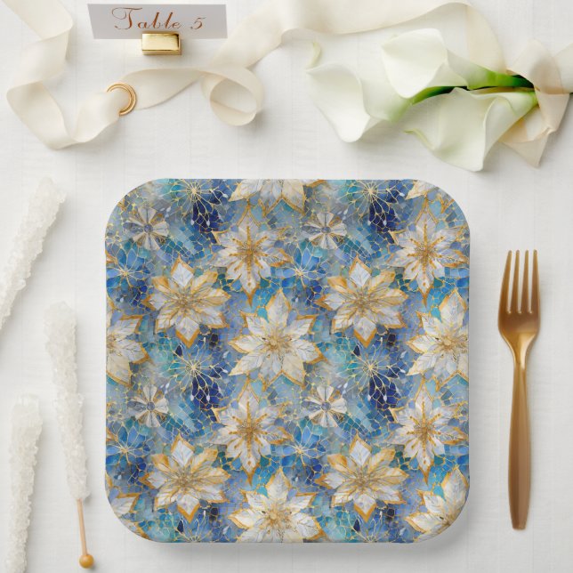 Blue White Gold Christmas Poinsettias Paper Plate (Wedding)