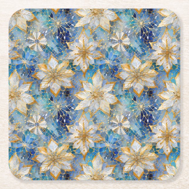 Blue White Gold Christmas Poinsettias Square Paper Coaster (Front)
