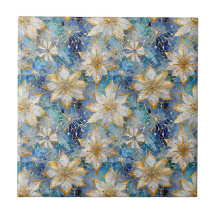 Blue White Gold Christmas Poinsettias Tile